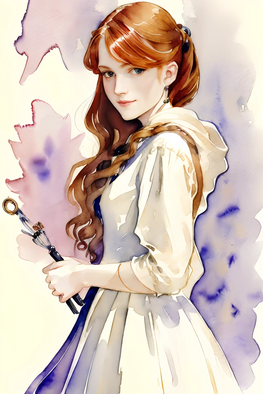 (((watercolor painting by singer sargent))) 21 year old beautiful woman, spaghetti strap dress, redhead, ((corkscrew hairstyle)) (((up turned eyes))) (((looking at viewer))) happy feminine smile, cloak and hoodie ((low saturation color))