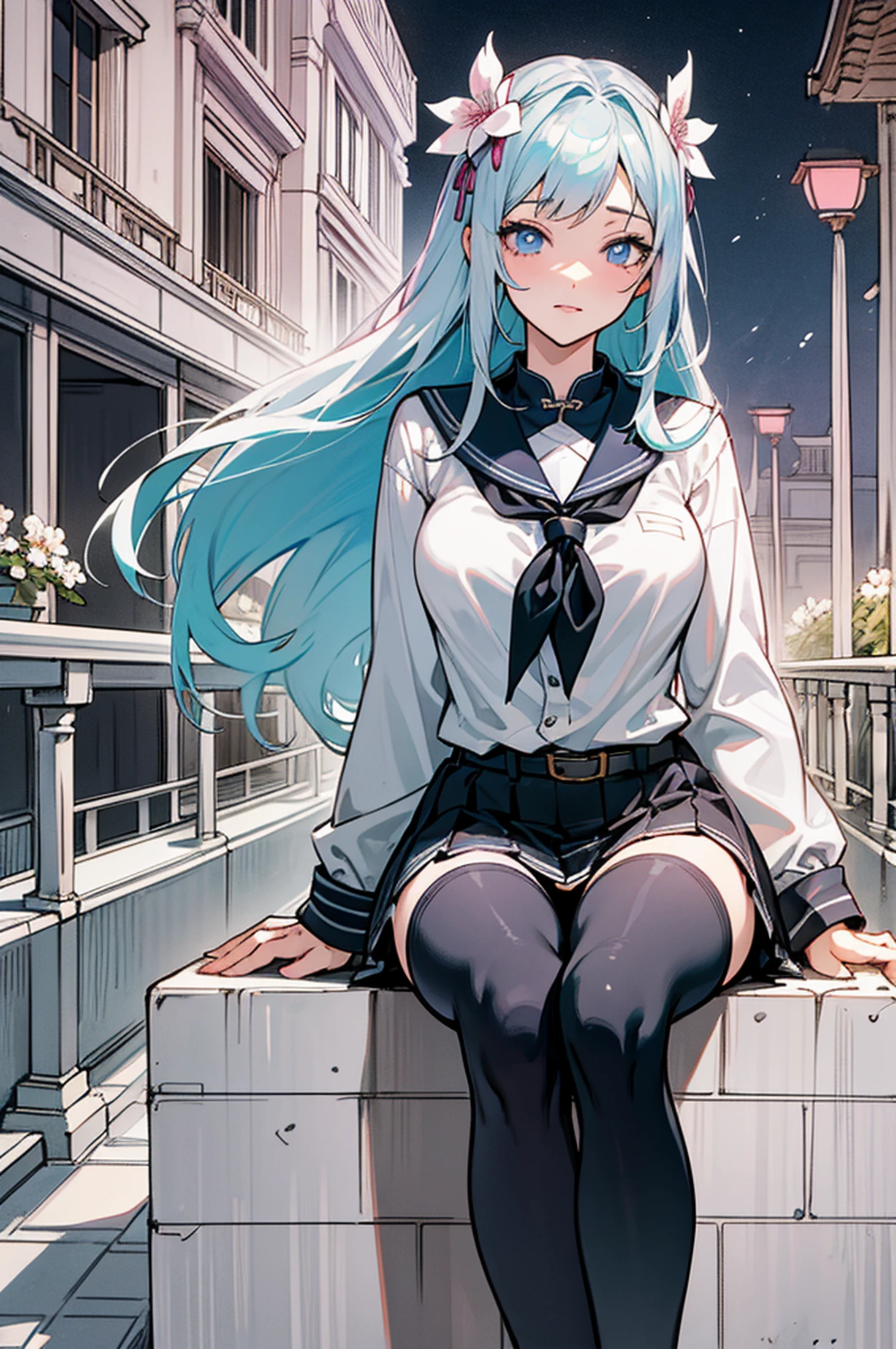 Anime girl in skirt and high heels sitting on the wall, Realistic Schoolgirl, a hyperrealistic schoolgirl, Ecchi anime style, Ecchi style, Rei Hiroe, Ecchi, beautiful anime high school girl, masutepiece, Best Quality, Night, fullmoon, 1 girl, Mature Woman, Chinese style, Ancient China, sisterhood, royal sisters, Cold expression, Faceless, Woman with long silvery-white hair, Light pink lips, Calm, Intellectual, 3 belts, gray pupils, Assassin, Flower lantern, Carrying lanterns, Flower ball background, Take a walk through the street landscape, girl, tall, Hidden arms, Blue_And_Green hair, Detailed clean eyes, navy Blue eyes, Evil smile, medium boobs, long areola, mid-waist, Split abdomen, medium thigh, School uniform, Long black stockings, detailed clothes, Sexy Pose, masutepiece, Hyper realistic,1girl, camisa manga larga, black pant, sentada, Las mejores sombras,  (highest qualityr, Detalles asombrosos:1.25),  Pinturas coloridas brillantes, Arte lineal