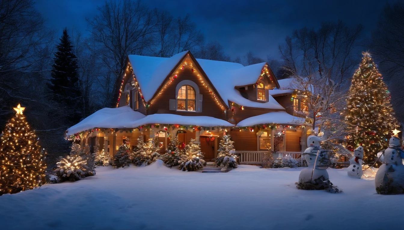 a house decorated with Christmas lights and in front the house there’s a snow man, Santa and the raindears , snow angels with snow falling
