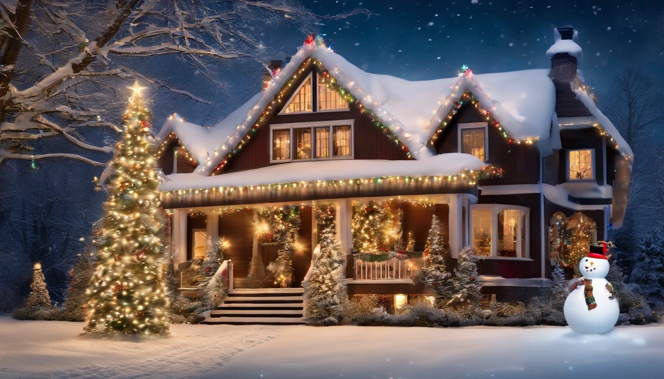 a house decorated with Christmas lights and in front the house there’s a snow man, Santa and the raindears , snow angels with snow falling