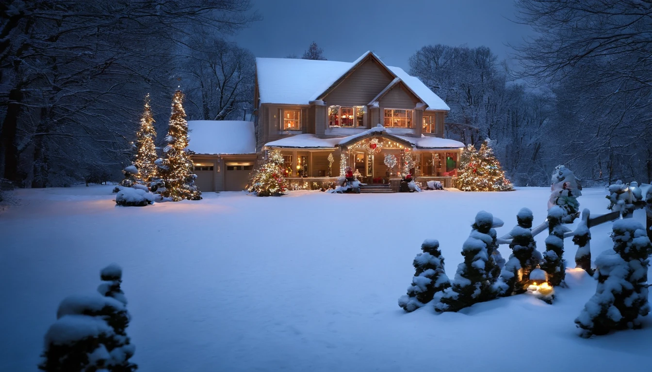 a house decorated with Christmas lights and in front the house there’s a snow man, Santa and the raindears , snow angels with snow falling