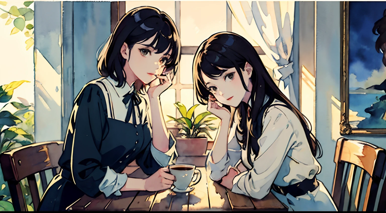 ((Watercolor by singer Sargent))、(top-quality、masterpiece)、Delicate, In coffee, Plants, The table, Two girls drinking coffee,Both of them shortcut、soft sunlight、