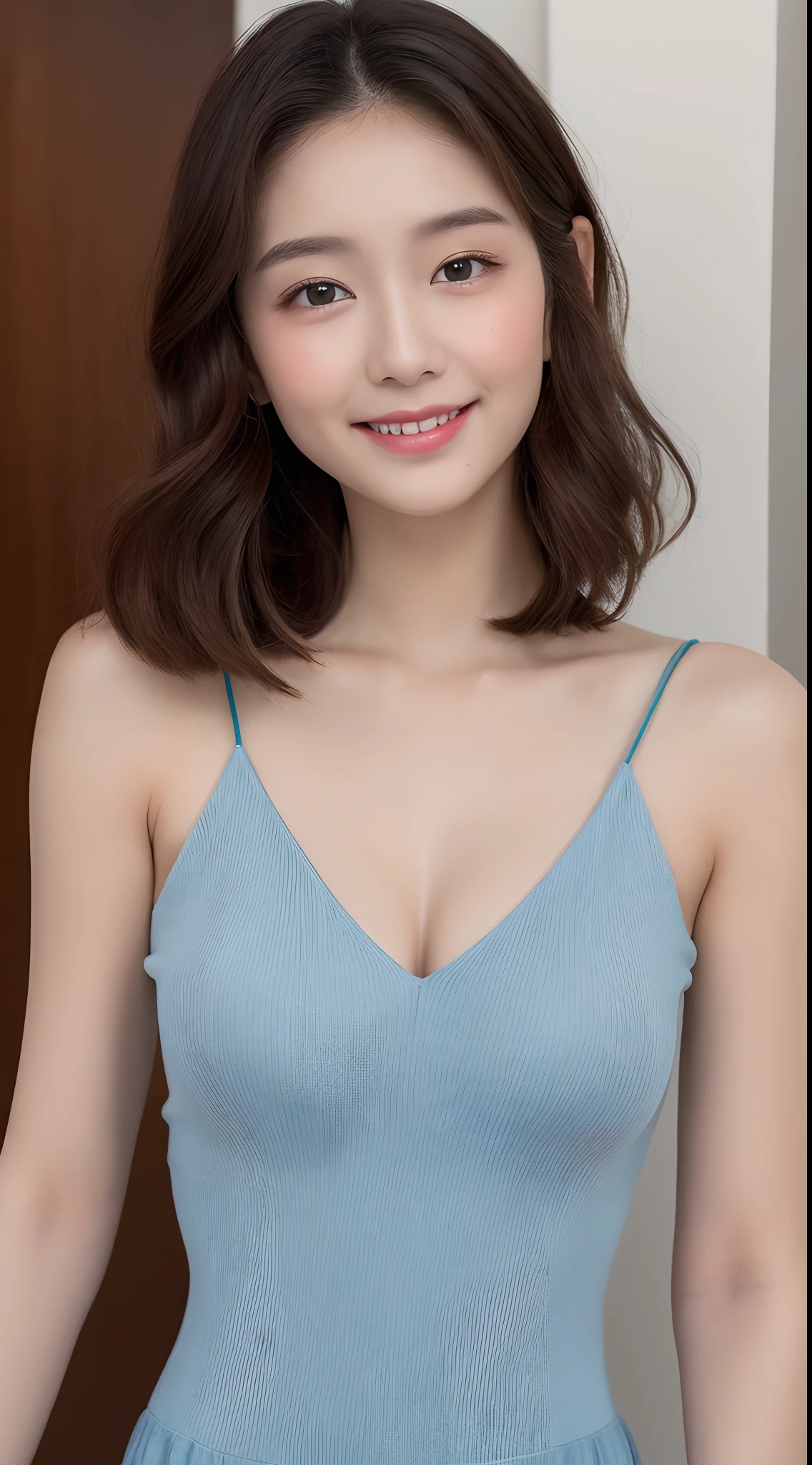((Highest quality, 8k, masterpiece: 1.3)), One person, The beauty of slim abs: 1.3, (Hairstyle Casual, :1.2), Sexy Dress, Very beautiful face, Delicate eyes, double eyelid, smile. Take a photo with a cute pose, Very low number, Narrow waist, Big Breasts, close, zoomed close chest, Beautiful background
