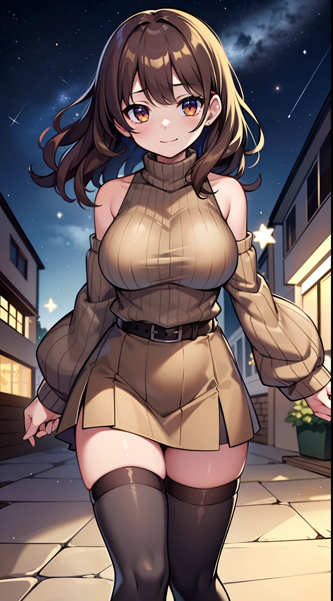 masutepiece,Best Quality,ultra-detailliert,8K,girl,tall,Woman,Female,Big female,Large breasts,20 years old,Medium Hair,Wavy Hair,Brown hair,hair clips,lightsmile,Brown sweater,Ribbed sweater,Bare shoulders,Detached sleeves,belt buckle,Black tights,long boots,Strapless,starry sky, wind,night,star, shadow,ruins,twinkle star,