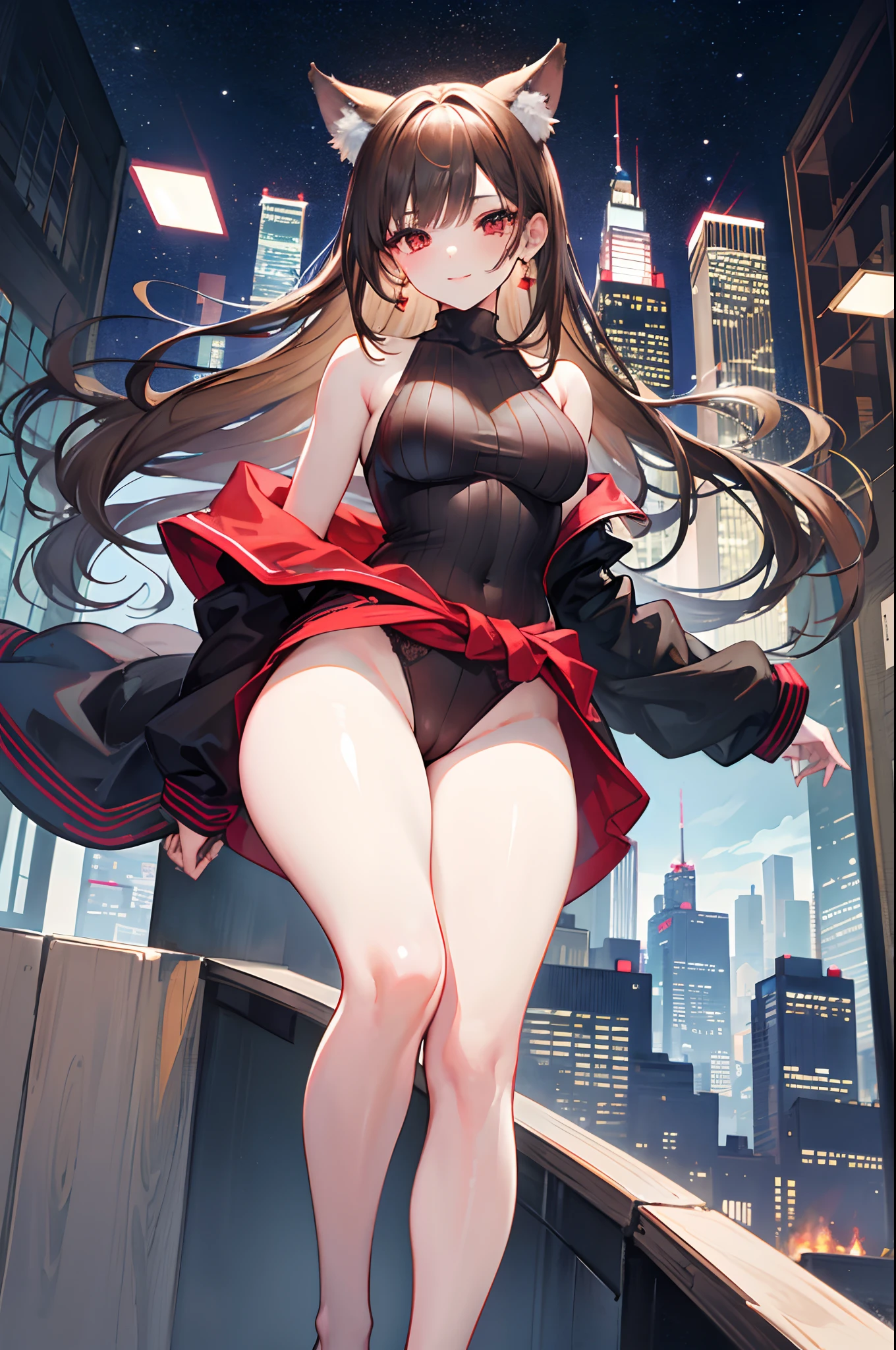 Detailed image of a , Light brown hair long and loose aesthetic tousled, red eyes sharp and seductive, Beautiful face, smiling, full lips, wolf ears, with earrings, medium breasts, blushing eyeshadow, long thick eyelashes, posing coyly, dressed only in a low-cut sweater, small waist, wide hips, large round buttocks, beautiful thick bare thighs, view from below, shallow depth of field, volumetric lighting, Shadow Enhancement, Detailed cityscape, Shoulder blades (Highest quality, Amazing details: 1. 25), (only: 1.3), Bright colorful paintings.