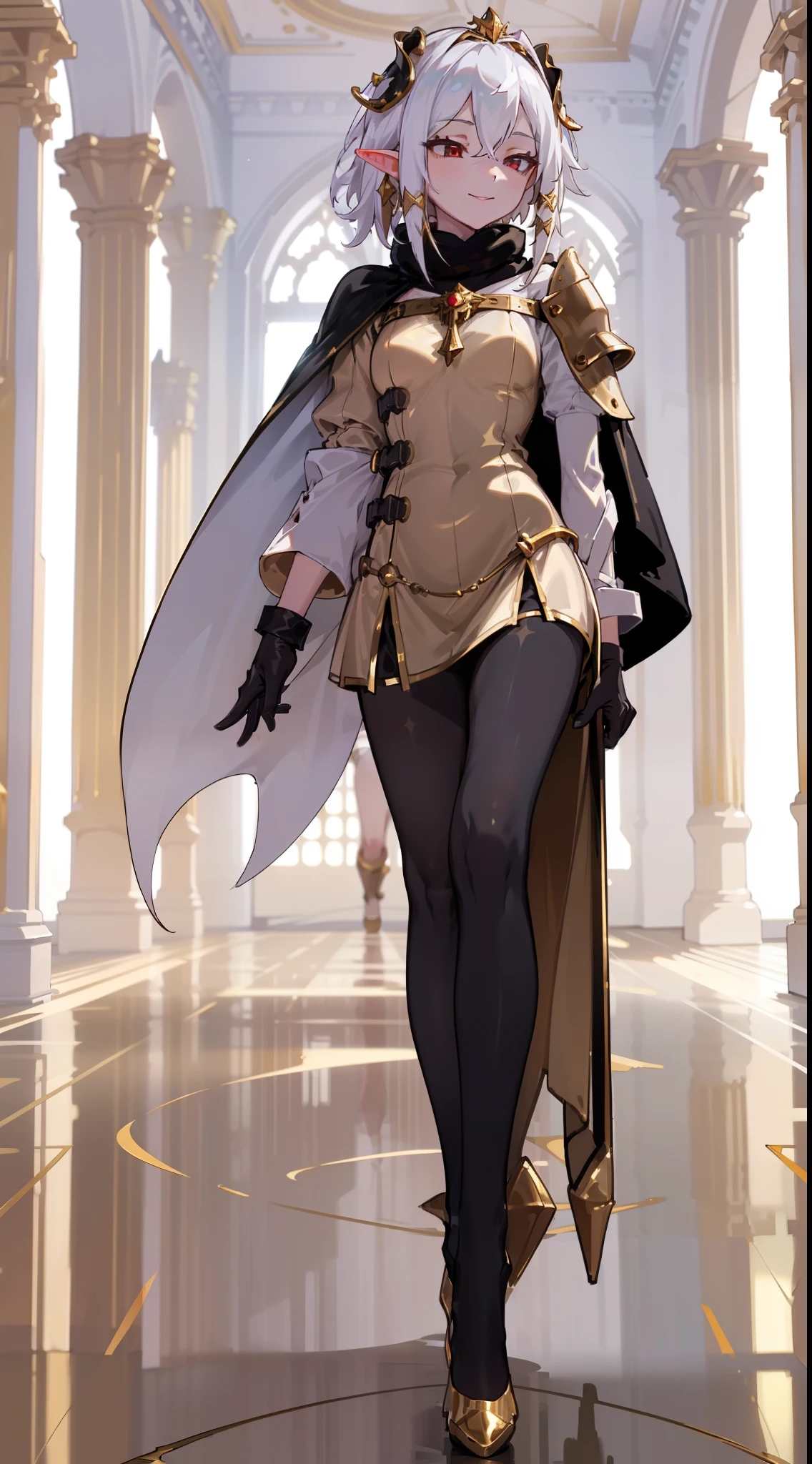 1girl,20 years,solo,happy,white and golden short dress,medium tits,white hair,short hair,red eyes,elves ears,black pantyhose,golde tiara,Detailed ,gold high heels,Luxurious Gold Decoration,(((long cape))),(((walking on a room inside a castle)))