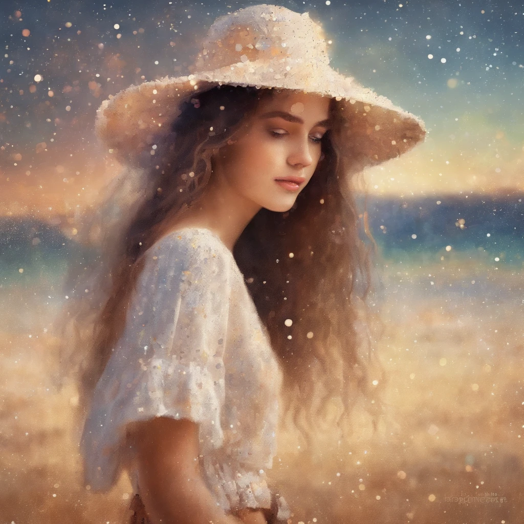 (Best quality, Masterpiece:1.2), Soft focus, Bright gradient watercolor, Dreamy, White background, Girl, coffeehouse, Copacabana Beach