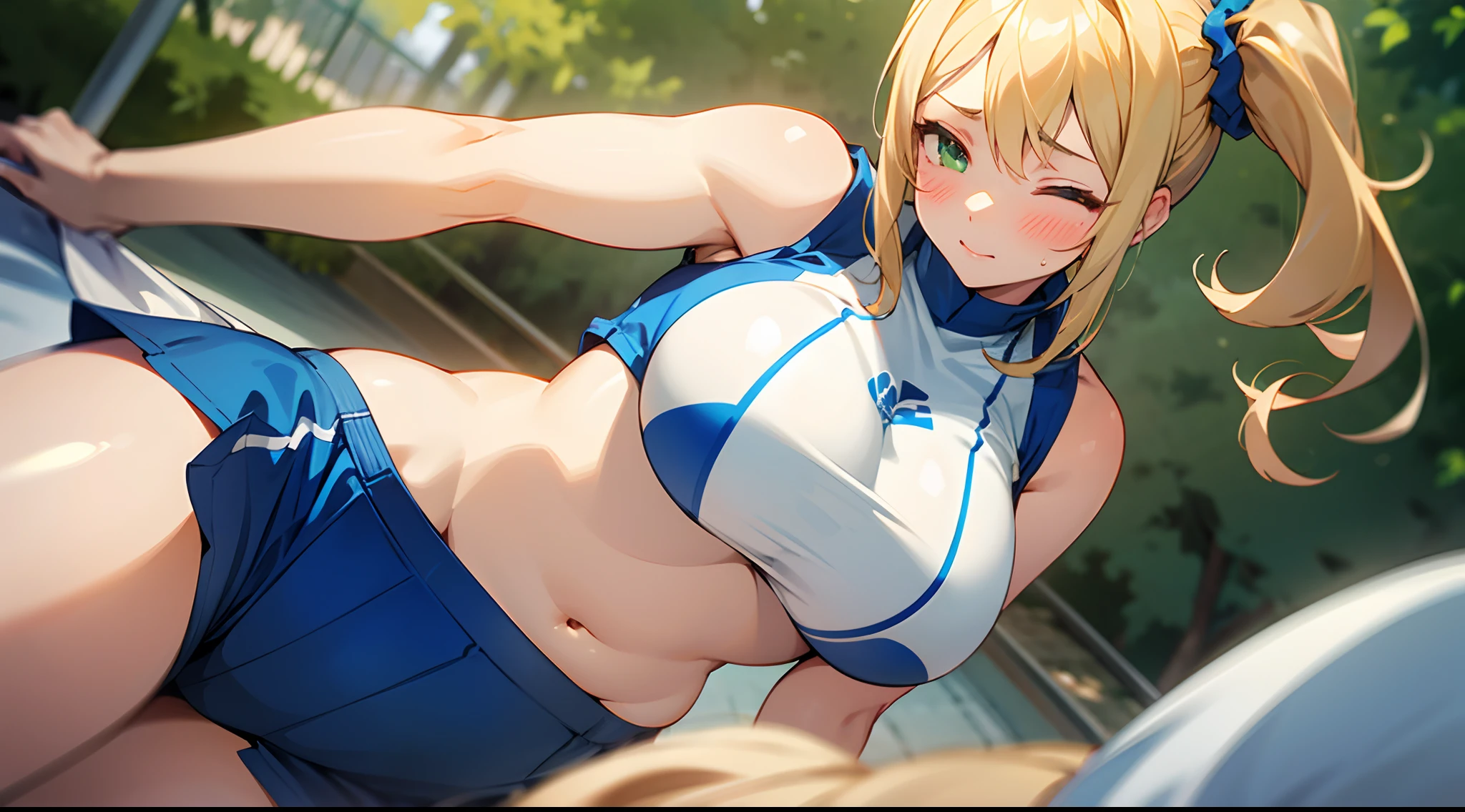 1 girl, game CG, sleeveless blue gym uniform, belly button visible, short white skirt, hair scrunchie, gigantic breasts, blonde, middle hair, side ponytail, green eyes, outdoor, pov, eyes closed, blush,