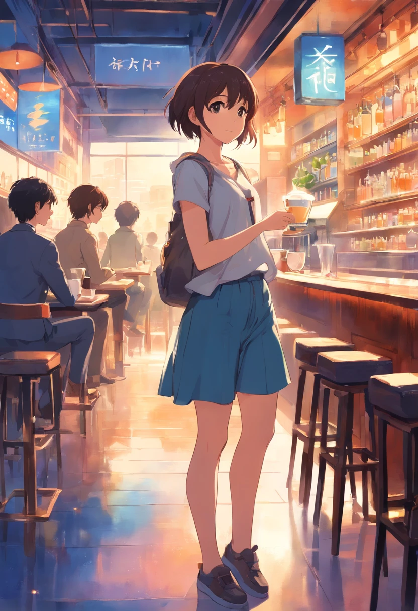 SuperiorQuality, tmasterpiece, soft focus , Bright gradient watercolor , visionary , white backgrounid, Kizi、coffeehouse, Bar London