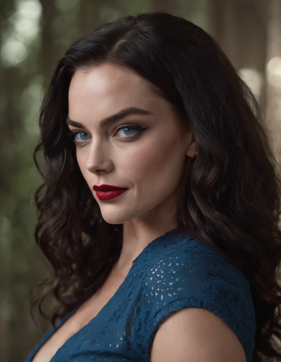 Margot Robbie,Harley Quinn(beautiful and bold, seductive and attractive, blue eyes, , long curly black hair, sweaty body, open shirt, short shorts, thick legs). (Sexy makeup, cinematic effect), (Best quality, masterpiece, depth of field, Full HD, 4K, richness of detail). Portrait style