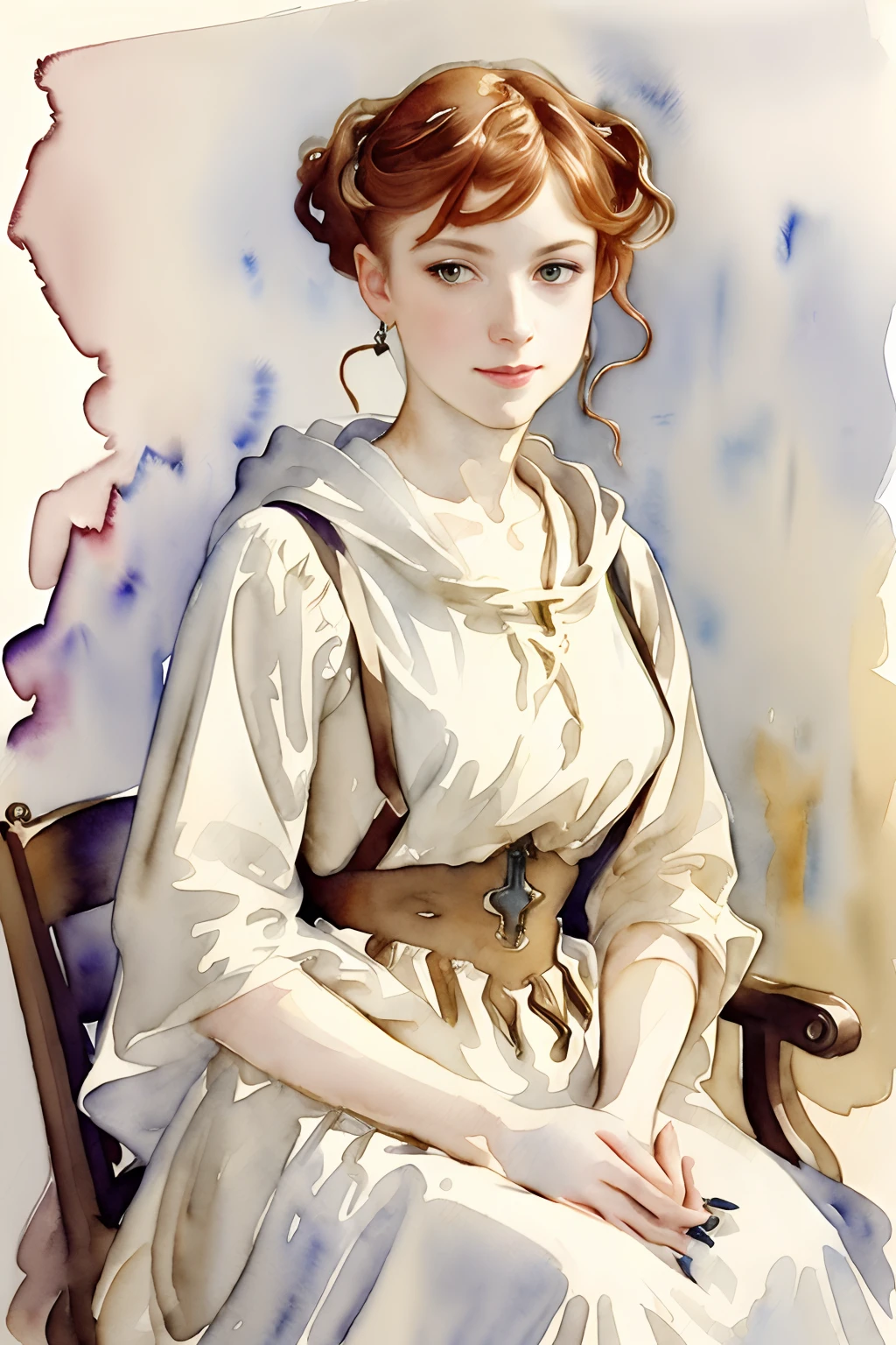 (((watercolor painting by singer sargent))) 21 year old beautiful woman, spaghetti strap dress, redhead, ((corkscrew hairstyle)) (((up turned eyes))) (((looking at viewer))) happy feminine smile, cloak and hoodie ((low saturation color))
