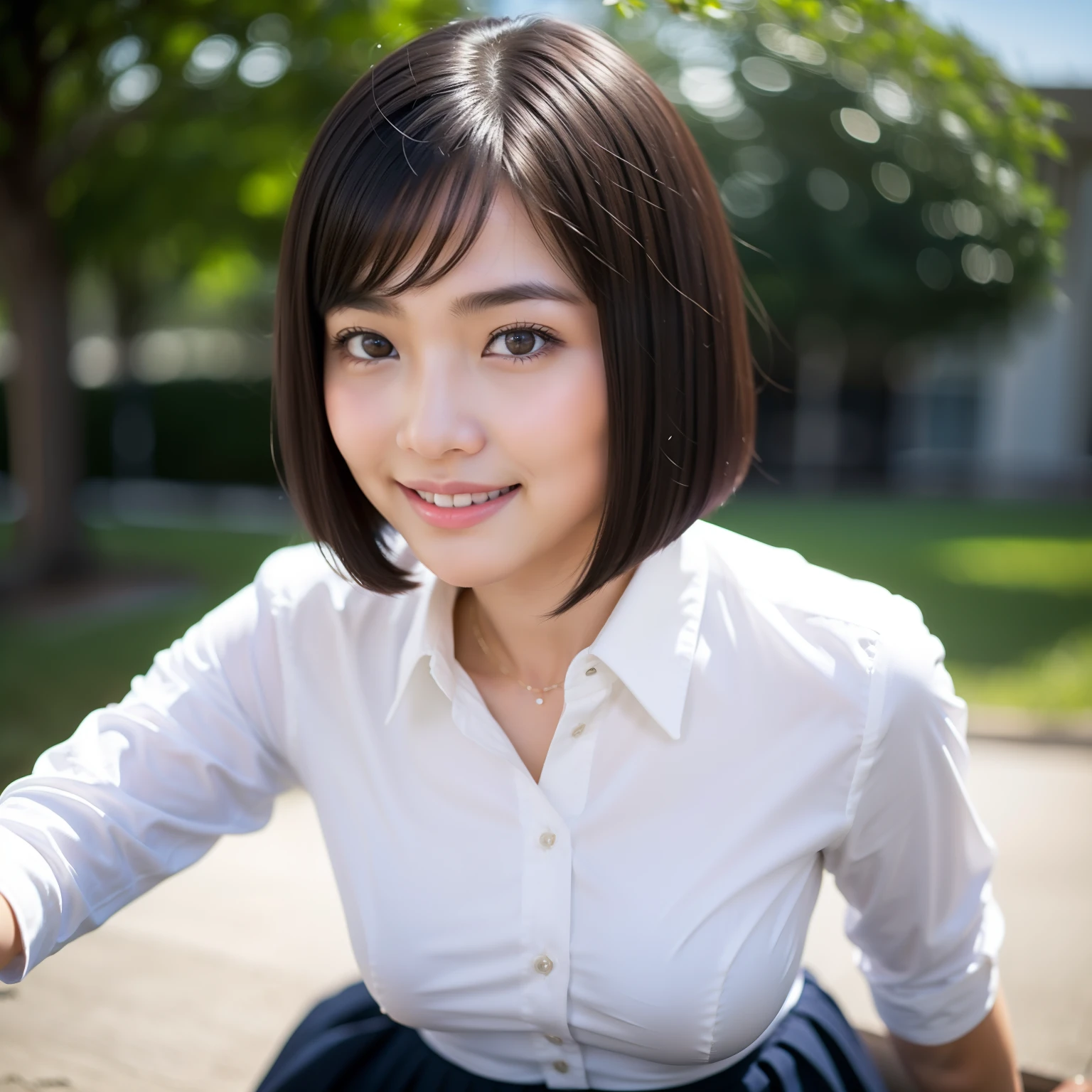 (8K、top-quality、masterpiece:1.2)、(reallistic:1.2、Photorealsitic:1.2)、1 girl in、watching at viewers、(Cute smile、large full breasts:2、Fine and beautiful eyes)、Slender body:1.7、Toned abs:1.3、de pele branca:1.4、(short-hair:1.2)、Short stature:1.5、masterpiece、top-quality、ultra-detailliert、Young Face:1.5、 years、15yo student、Lori ce、Medium bob hair、The whole body is projected、hi-school girl、校服、white shirt、a black skirt、Physical education sitting、I can see panties:2