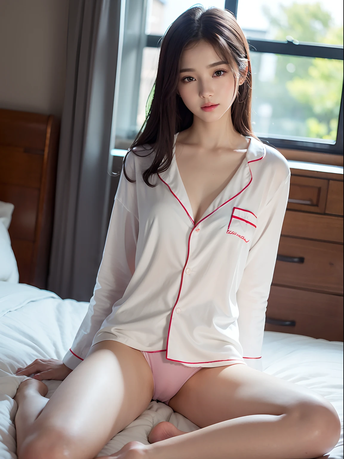 Surreal 8K CG，perfect faces，Impeccable perfection，ren，tmasterpiece，professional artwork，famous artwork，Innocent 14-year-old girl、((Wear ultra-thin cotton pajamas))、Wear small panties、Sitting in the room、A Smile、Raw foto, (8K、Top  Quality、​masterpiece:1.2)、(delicate detail:1.4)、(Photorealcitic:1.4)、octan render、Complex 3D rendering, Ultra-detail, Studio Soft Light (Studio Soft Light) (Studio Soft Light (Studio Soft Light))  , Rim Light, vibrant details, Super detailing, Realistic Skin Textures, Detail Face, Beautiful detail eyes, Highly detailed CG Unity 16k wallpapers, Makeup-, (detailed background:1.2), shinny skin、turned around、exposed thighs!!!、