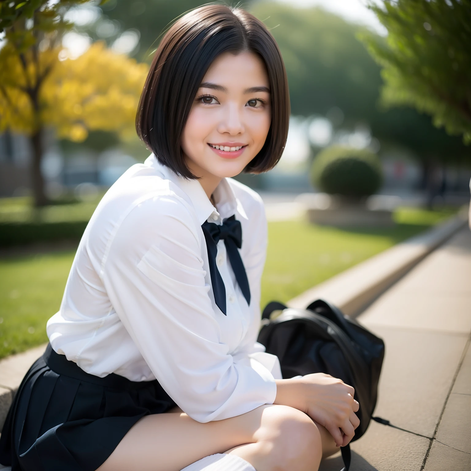 (8K、top-quality、​masterpiece:1.2)、(reallistic:1.2、Photorealsitic:1.2)、1 girl in、watching at viewers、(Cute smile、large full breasts:2、Fine and beautiful eyes)、Slender body:1.7、Toned abs:1.3、de pele branca:1.4、(short-hair:1.2)、Short stature:1.5、​masterpiece、top-quality、ultra-detailliert、Young Face:1.5、Junior high school years、15yo student、Lori face、Medium bob hair、The whole body is projected、hi-school girl、校服、white  shirt、a black skirt、Physical education sitting、I can see panties:2
