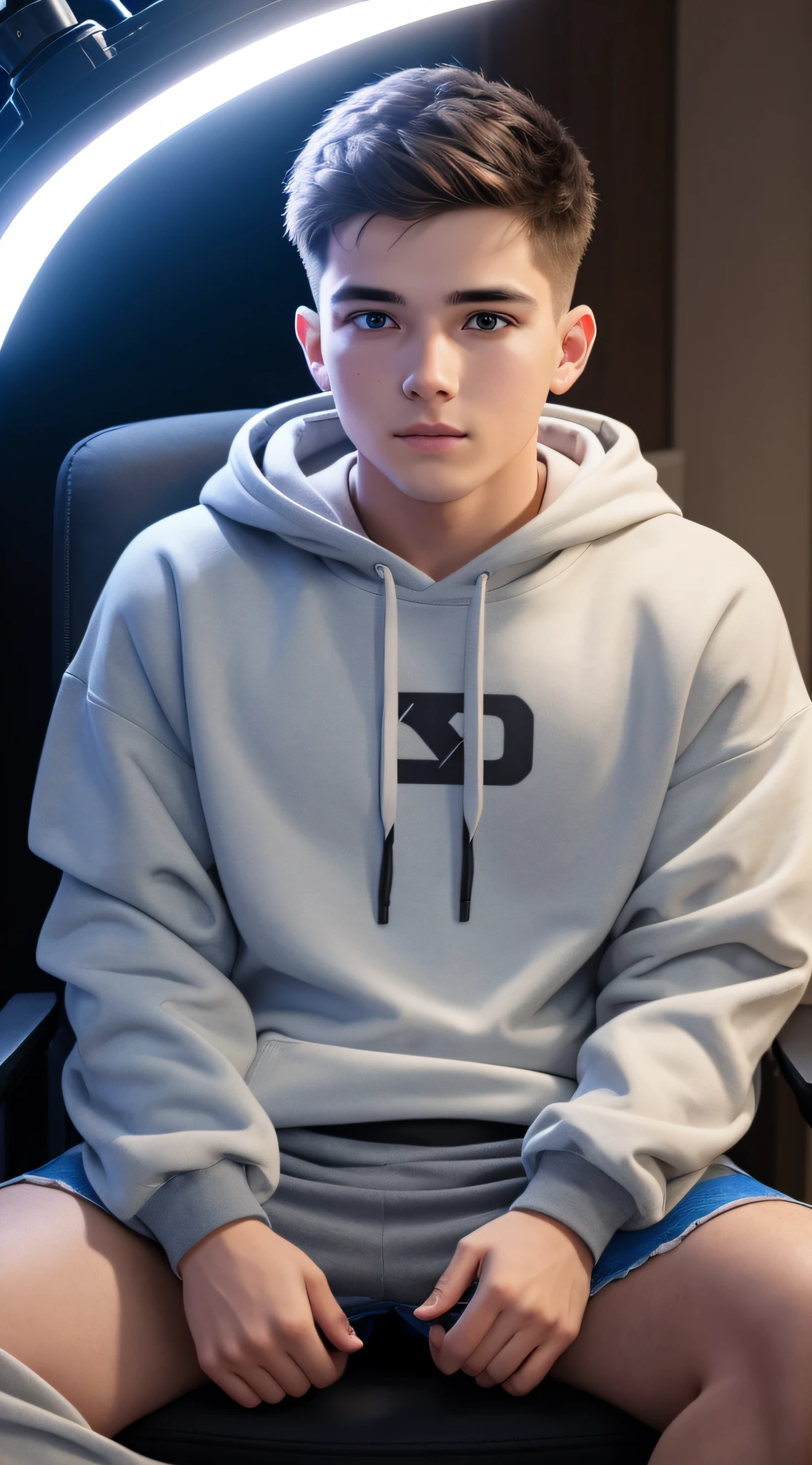 a young man being recorded by a Ring Light sitting in a chair, sweatshirt, looking directly at the camera, close-up, hd, 8k