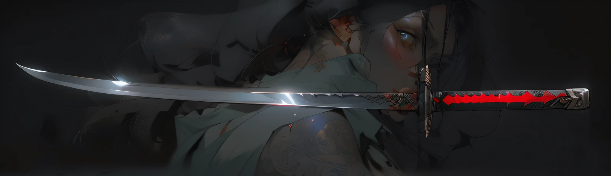 There is a very large knife with a red handle on a black background, katana reflexiva oscilante, raytraced blade, Basic steel sword, armored sword blade, espada buster, foto do produto em close-up, Lance realista, profile close-up view, Katana Bainha, foto de produto de alto detalhe, polearm glaive |, high quality topical render, imagem detalhada do produto