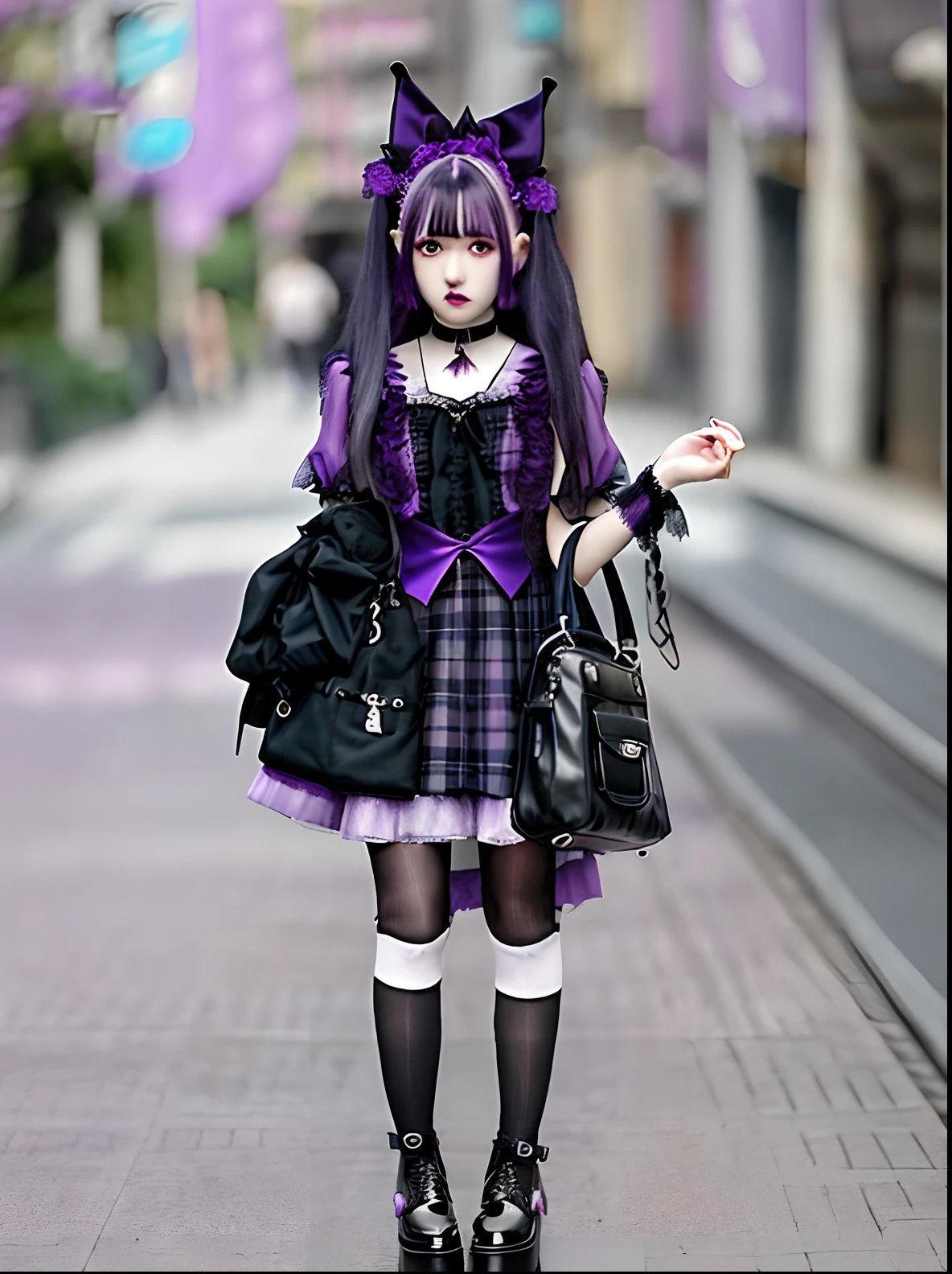Alafe and purple bag dressed in purple and black costume, pastel goth, witch clothing, pastel goth aesthetic, Lolita style, angelic pretty, Lolita Fashion, dollpunk, 1 7 - - old me goth girl, Gothic clothes, Purple and black clothes, Goth Unk Clothing, wearing modern gothic clothes, goth style, gothgirl, Gothic Wear