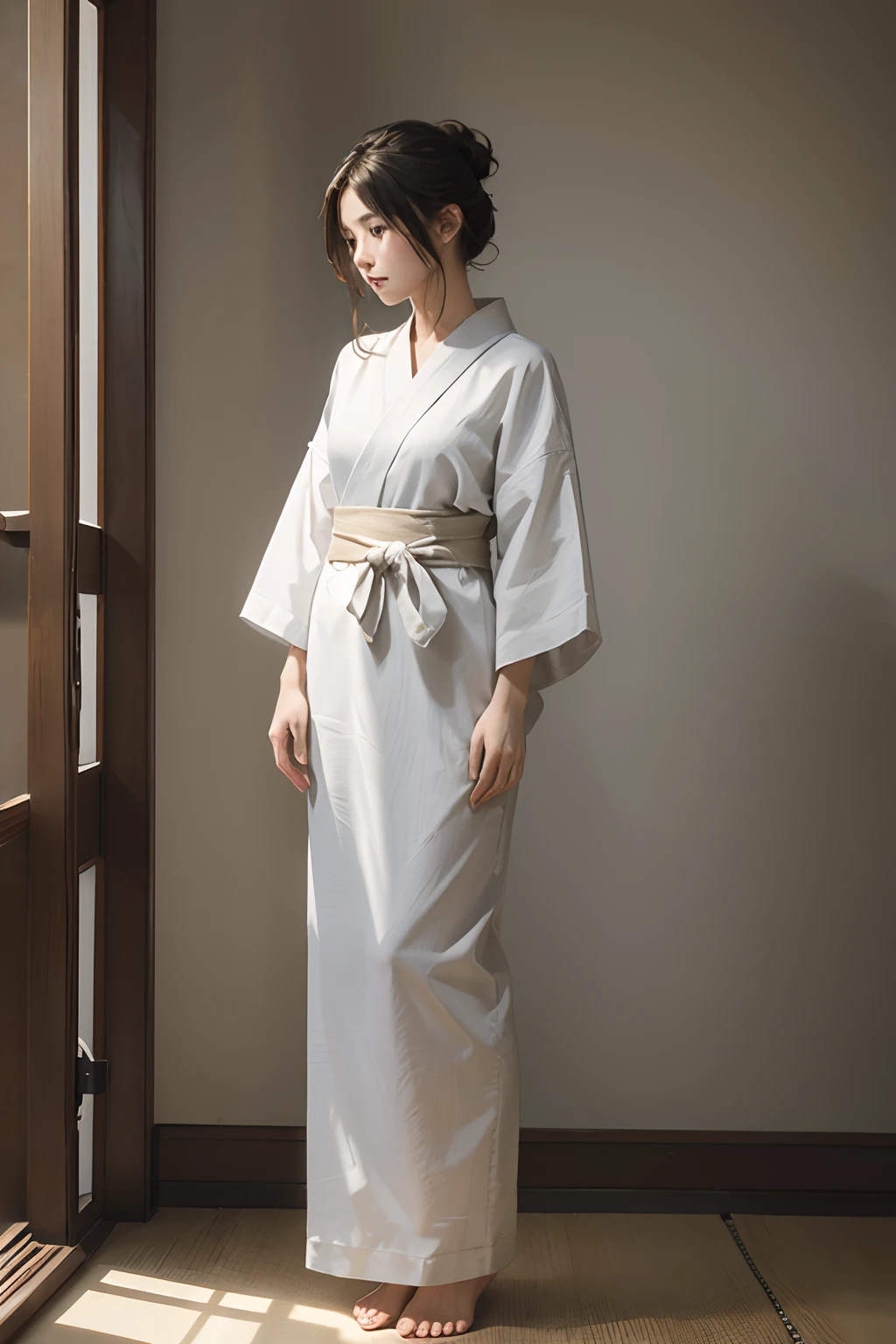 ((Masterpiece,Best quality, high resolution)), 1girll, Solo, The light is gentle,1 girl in a gray yukata,(white sash),((burlap)),(Female prisoners),With a petite figure,brunette color hair,long whitr hair,Stand in a gloomy prison,Stand up,Full body like,streaming tears,Clothing covers the whole body,folds,solid color backdrop,