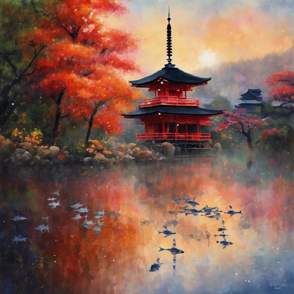 (best quality, masterpiece:1.2), Soft focus, Bright gradient watercolor, Dreamy, White background, Temples in Kyoto, Lake with colorful carps.