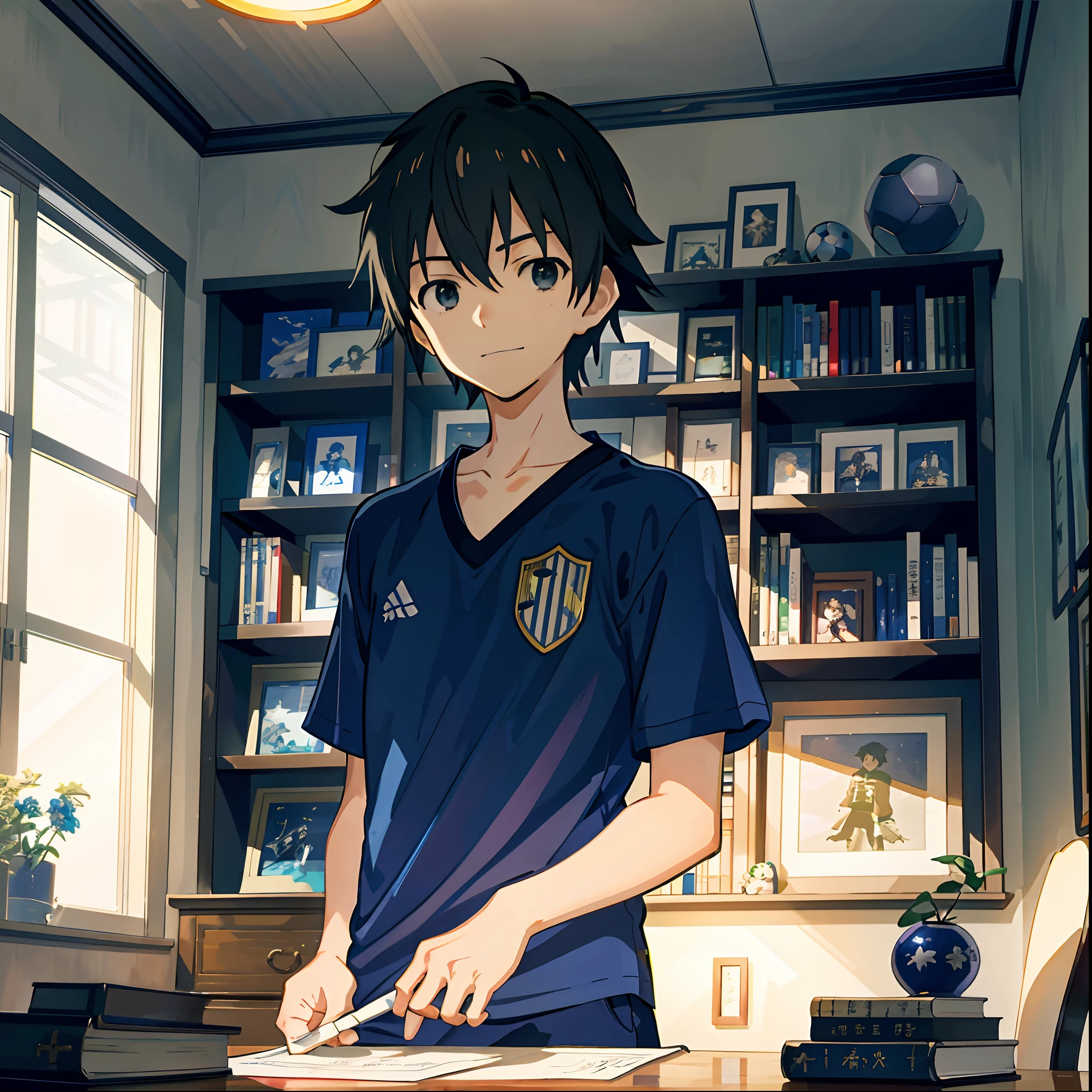 A 10-year-old boy is writing on a desk in his room, Makoto Shinkai and Studio Ghibli, dramatic lighting, Highly detailed, Incredible quality,Navy blue short-sleeved football shirt,The room bookcase is very many trophies and medals,Confident and happy expressions