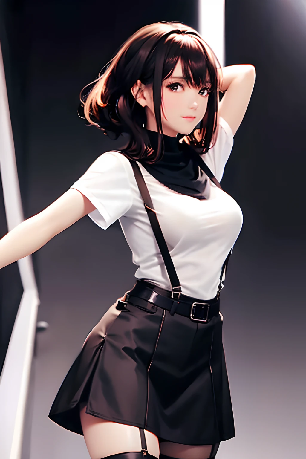 Black skirt, suspenders, Brown hair Gray eyes, Garter belt on the legs, Tight clothes, a belt Armpit sweat Dark look Moderately breasts holster Belt Chain hair adornments poneyTail