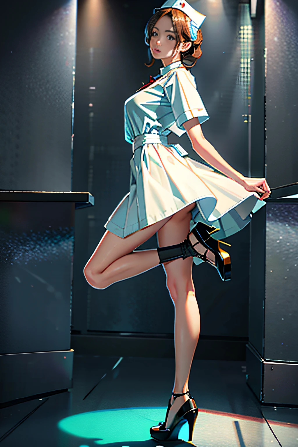 1 girl with pure desire,standing on your feet,Wear a nurse's uniform,Charming looking,Feminized facial features,mesmerizing eyes,Straight hair,A calm posture,Porcelain-like skin,Subtle blush,a white wall,ultra - detailed,offcial art,统一 8k 壁纸,2.5D thick coating,Characters shrink,fully body photo,Wear high heels