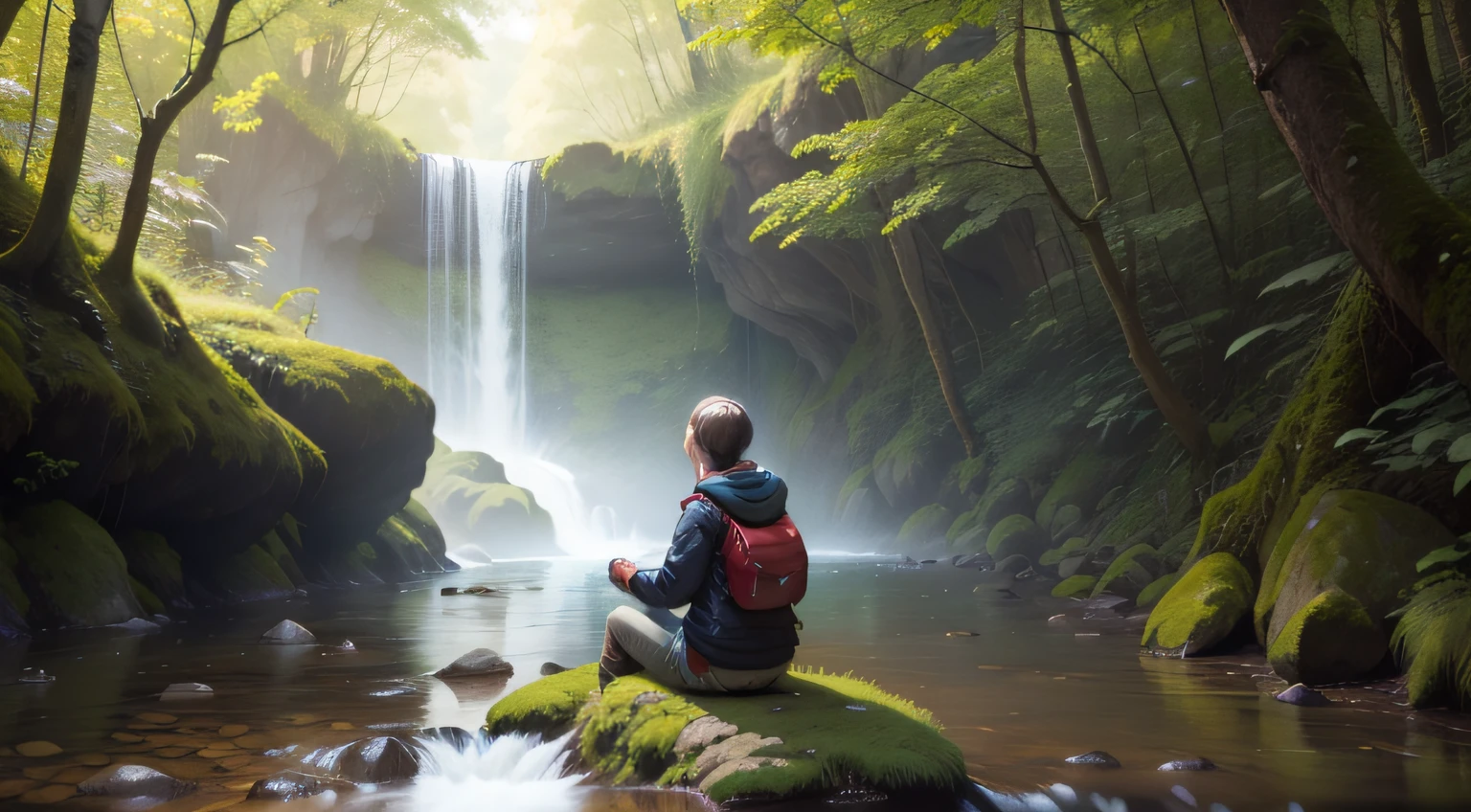 woman sitting in nature by stream with back turned to camera
