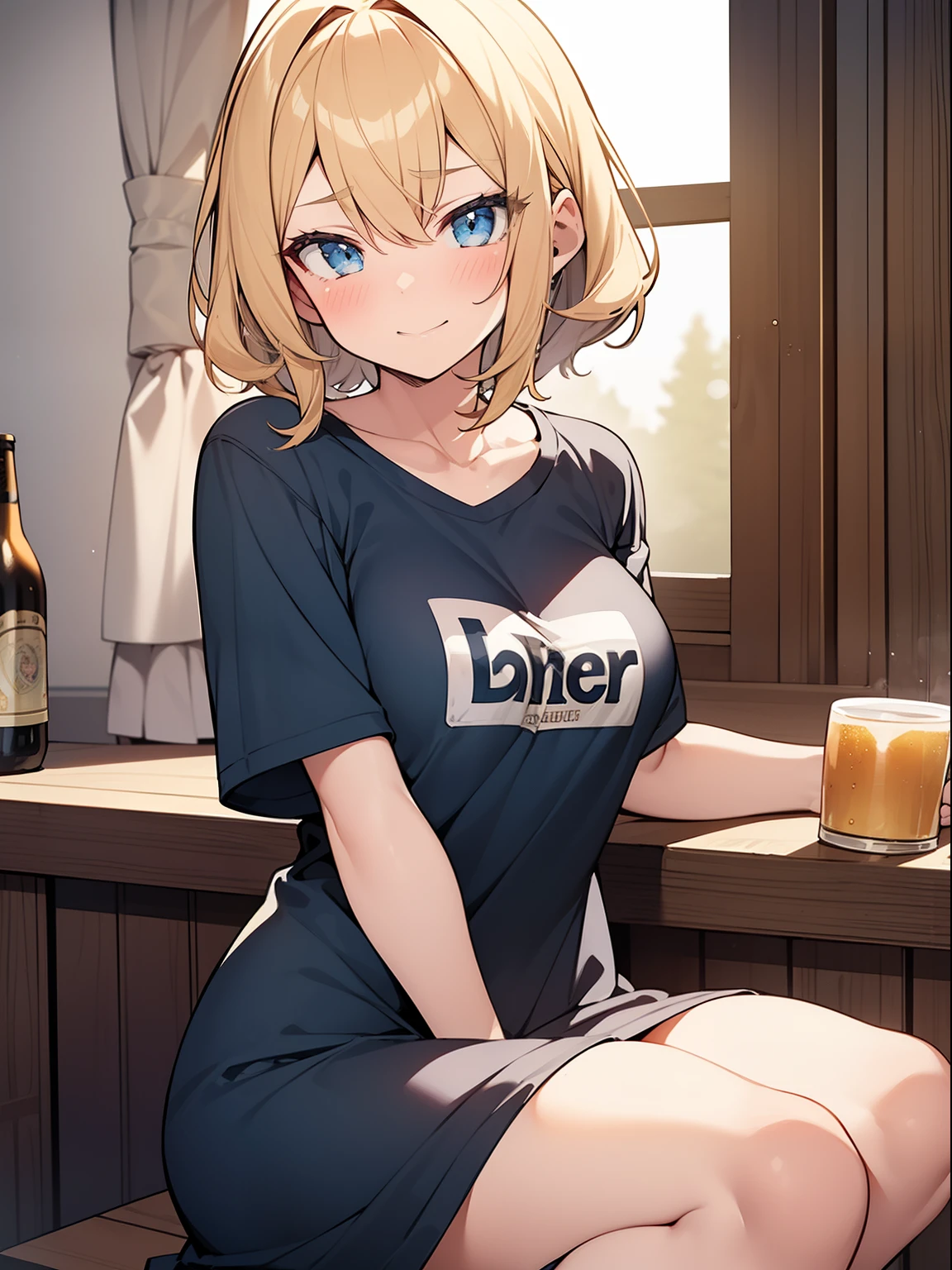 Modest, Shy, Infinitely cute and beautiful, sporty figure, pumped up athletic girl 17 years old; Blonde with short hair, with small neat elastic breasts; with relief muscles; big shiny blue eyes, long eyelashes, A slight blush, Carefree facial expression, A big smile, laughter, very drunk; long t-shirt, A bottle of beer in hand; the night, It's dark outside the window, The soft light of burning candles; sits on the windowsill; Cozy kitchen of the women's dormitory;;  Full-length photography from a short distance; Anatomical realism, higly detailed, high quality textures