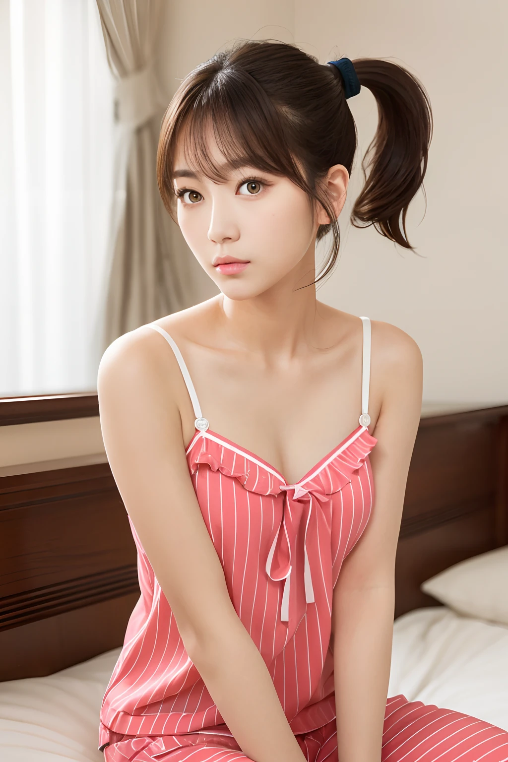 Masterpiece, (Most Realist: 1.5), Maximum Resolution, Maximum Face Resolution, Maximum Environmental Detail, Most Beautiful Women, , Japan Women, Japan Person, Teen Girl, Fair Skin, (Tie Cut Ponytail), Big Eyes, Beautiful Eyes, Short, Sexy Pajamas, Bright Face, Most Beautiful Nose, (Sitting in the bedroom: 1.4)