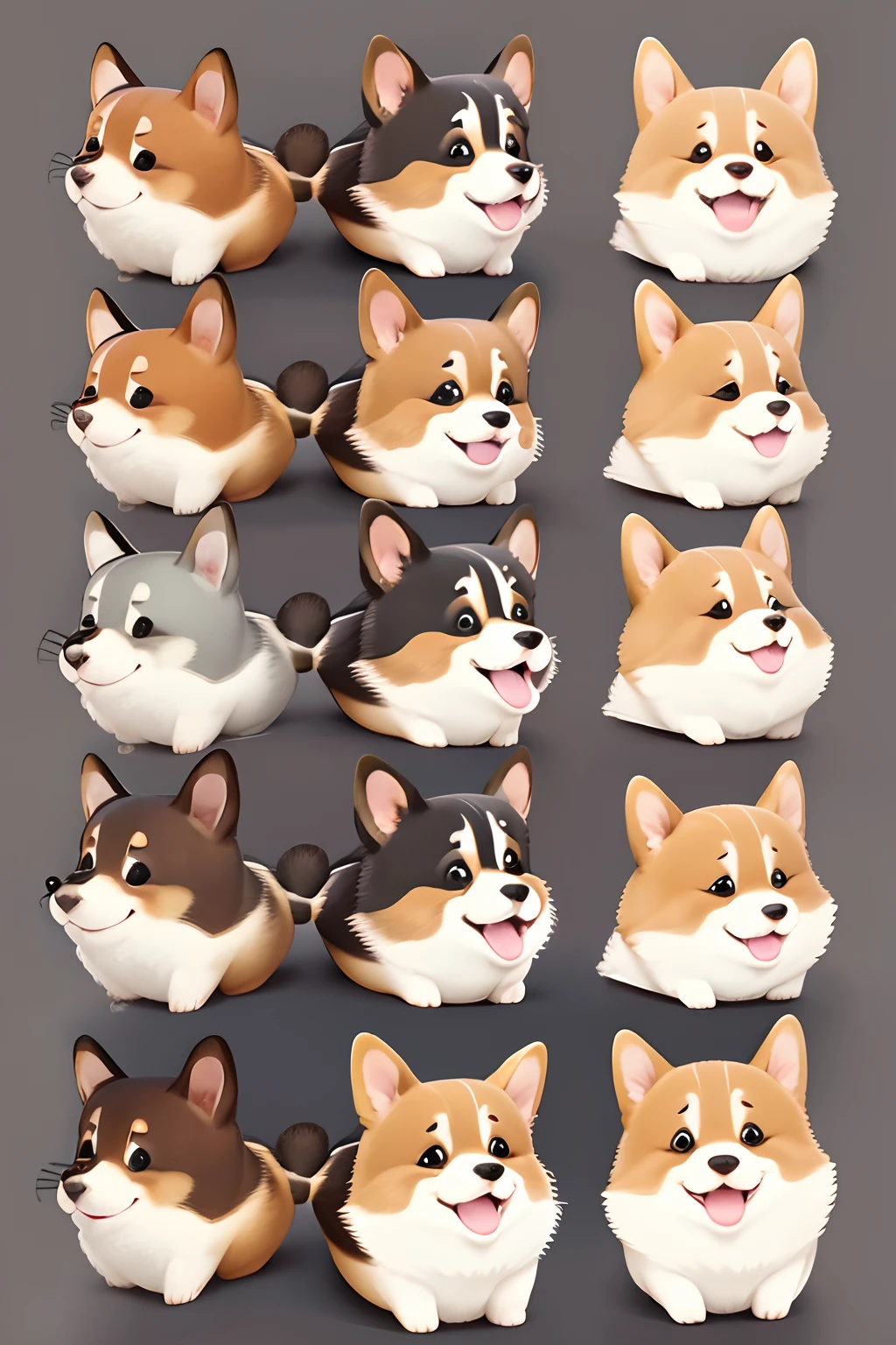 Q version of Corgi, corgi dog's various expressions and actions, happy, laughing, sad, angry, disappointed, surprised, spoiled, white background, nine grid layout, illustration design, pixar style --lw2 50 --niji 5 --s 2