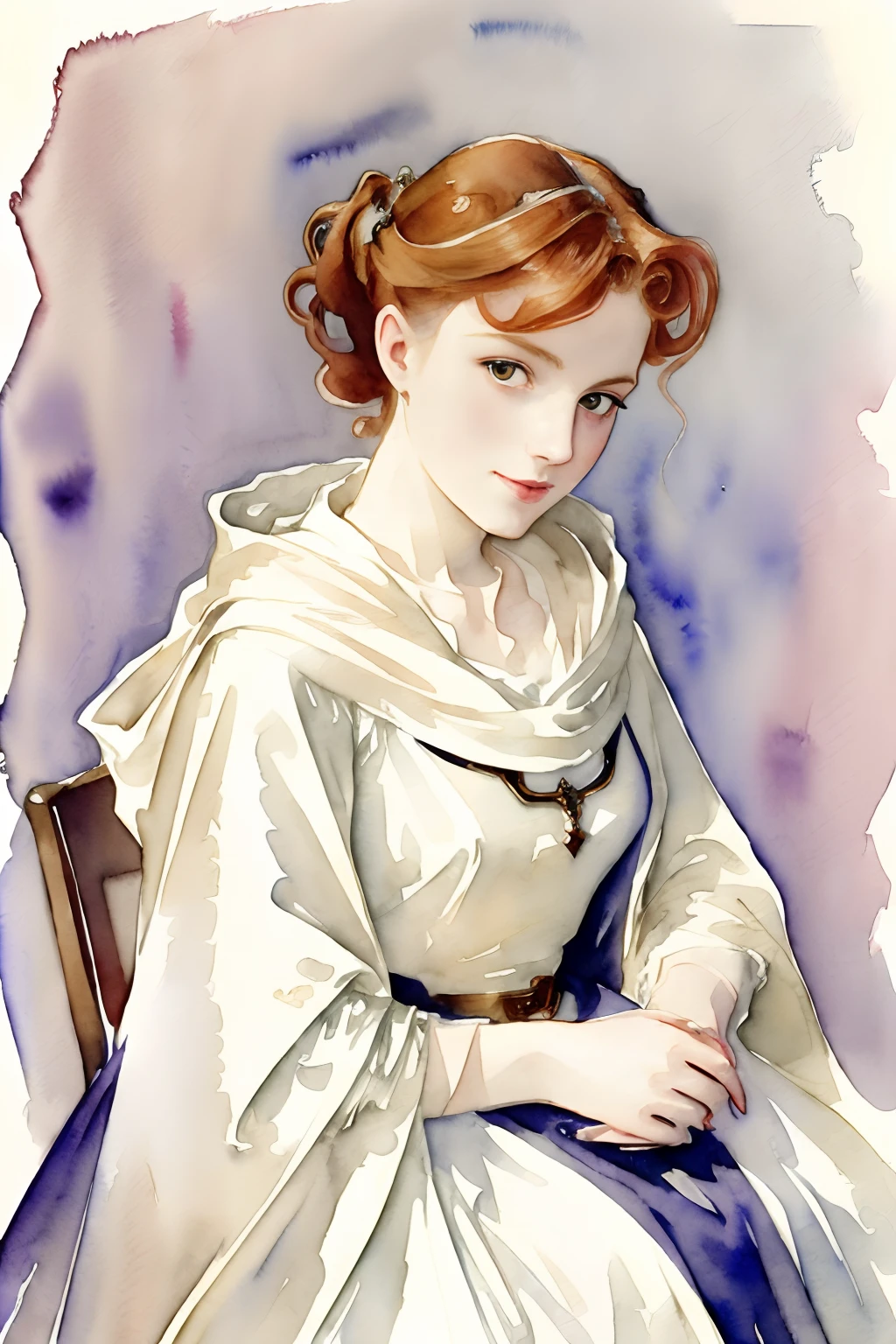 (((watercolor painting by singer sargent))) 21 year old beautiful woman, straplless dress, redhead, ((corkscrew hairstyle)) (((up turned eyes))) (((looking at viewer))) happy feminine smile, cloak and hoodie ((low saturation color))