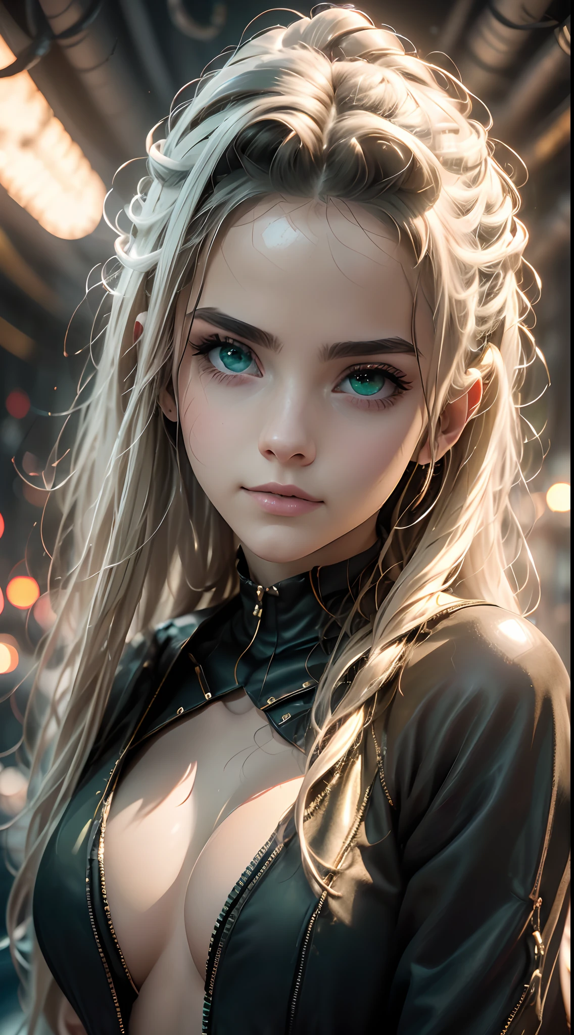 ((1girl)), ((A beautiful girl holding a cell phone)), high resolusion (4k, 8k), con un estilo realista, y un ambiente cyberpunk. (((cuerpo completo)), (pezones marcados)), pelo blanco puro con mechas naranjas, pelo corto, ((ojos verdes intensos)), The image must have a high level of detail and a quality score of 1.2,(CinematicLight: 1.1), DSLR, alta calidad, Trazado de rayos, NVIDIA RTX, Super-Resolution, Film grain, foco nítido: 1. 2, ((cabello voluminoso completo)),  Lighting should be temperamental and futuristic. escenario detallado, reflejos de neon en la escena, suelo mojado,