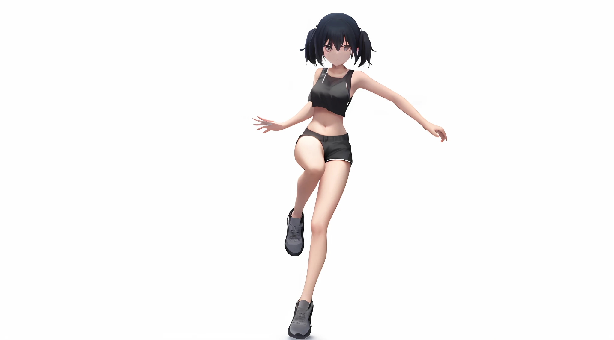 Twin-tailed woman in black top and black shorts、The background is outer space、fight、