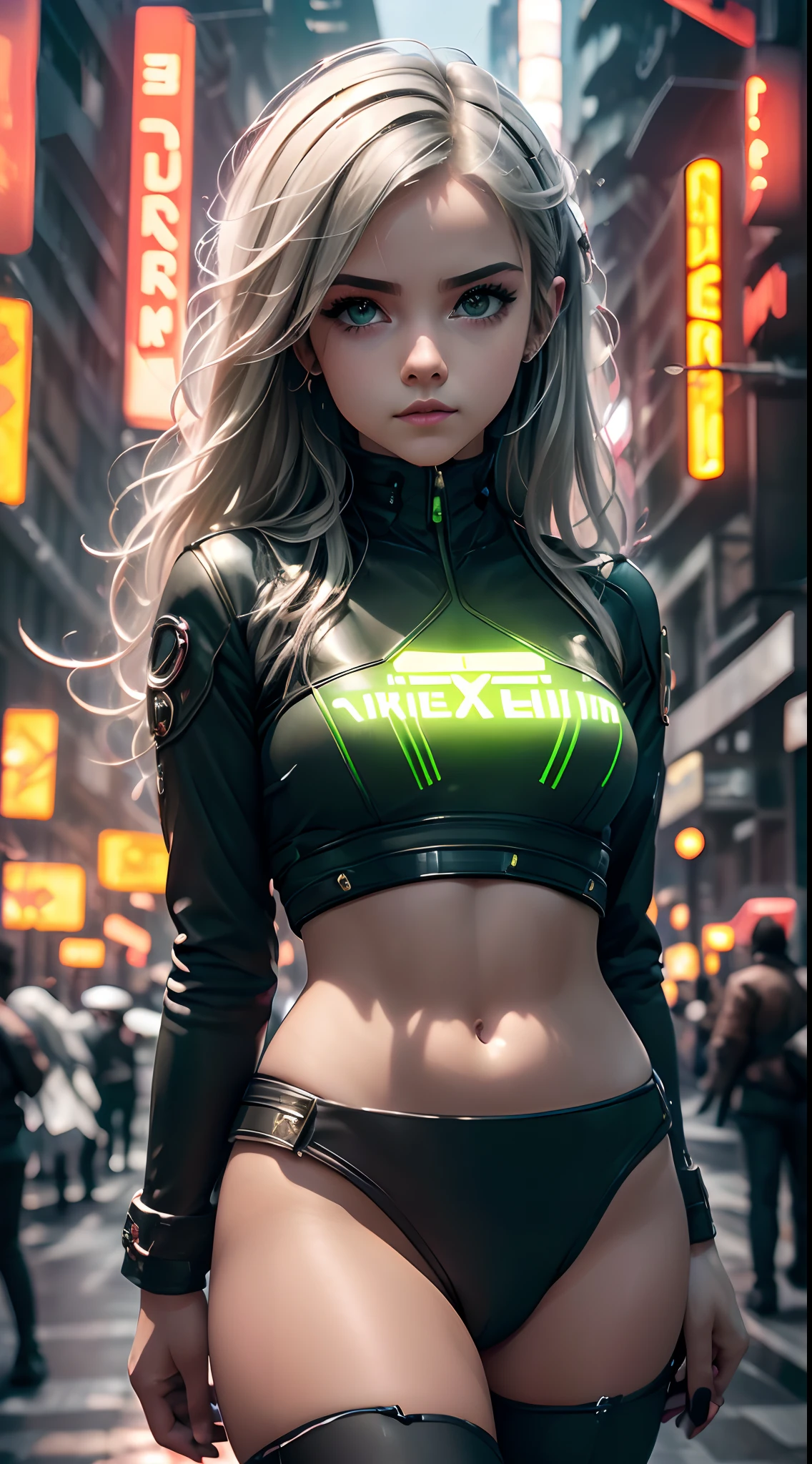 ((1girl)), ((A beautiful girl holding a cell phone)), high resolusion (4k, 8k), con un estilo realista, y un ambiente cyberpunk. (((cuerpo completo)), (pezones marcados)), pelo blanco puro con mechas naranjas, pelo corto, ((ojos verdes intensos)), The image must have a high level of detail and a quality score of 1.2,(CinematicLight: 1.1), DSLR, alta calidad, Trazado de rayos, NVIDIA RTX, Super-Resolution, Film grain, foco nítido: 1. 2, ((cabello voluminoso completo)), Lighting should be temperamental and futuristic. escenario detallado, reflejos de neon en la escena, suelo mojado,