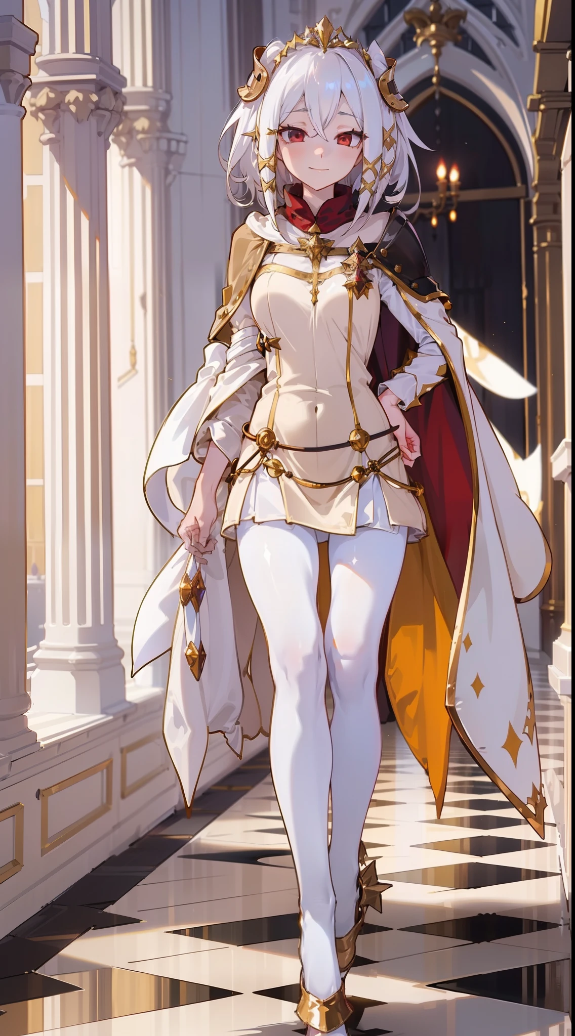 1girl,20 years,solo,happy,white and golden short dress,medium tits,white hair,short hair,red eyes,elves ears,white pantyhose,golde tiara,Detailed ,gold high heels,(((long cape))),(((walking on a room inside a castle)))