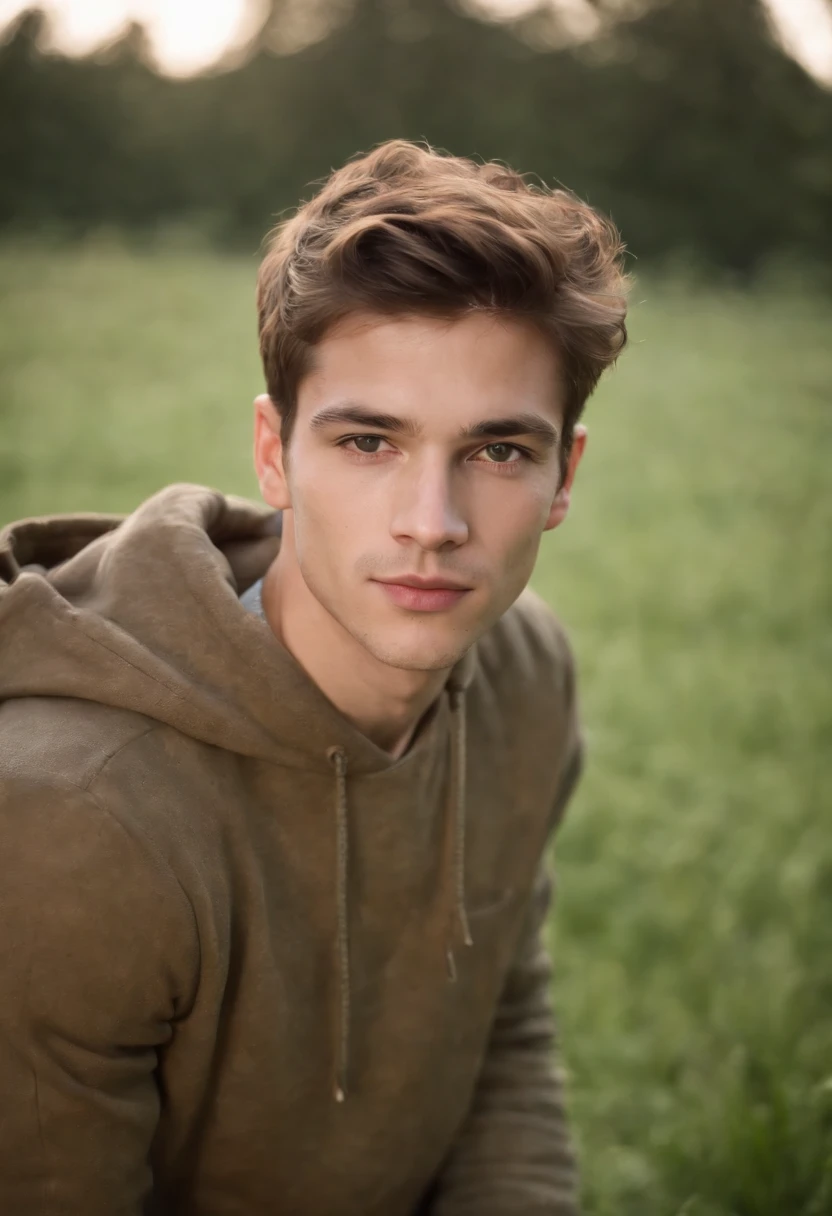 retrato de homens jovem e bonitos,22 anos, fanatical face, in green field on sharp focus background, Studio Photography, detalhes intrincados, altamente detalhado, Esmaltado,mysterious lighting,upper body