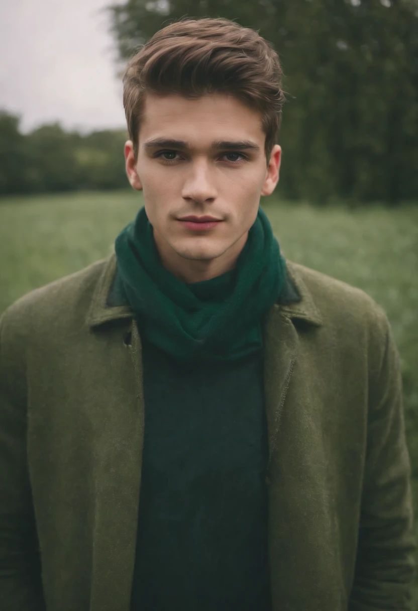 retrato de homens jovem e bonitos,22 anos, fanatical face, in green field on sharp focus background, Studio Photography, detalhes intrincados, altamente detalhado, Esmaltado,mysterious lighting,upper body