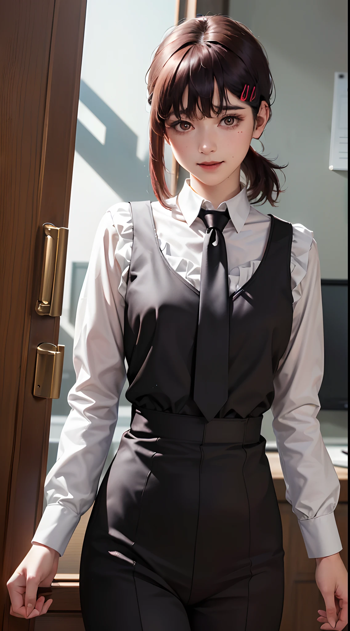 (((Dressing:1.8))), ((Dress up reliably:1.8)), (((pantie shot:1.8))), (((Show the camera everything about your panties:1.5))), ((Lifted skirt:1.8)), (((Black Business Suit:1.8, White blouse with collar:1.5, pencil skirts:1.5, Panties with a small area:1.5))), ((s Office:1.8)), Smiling smile:1.8, 1girl in, 独奏, 18year old, 7headed body, Ideal ratio body proportions, erectile nipple, short-hair, A dark-haired, With bangs, small tits, A slender, Small buttocks, beauty legs, Skinny Legs, surrealism, Cinematic lighting, depth of fields, One-person viewpoint, F/1.8, 135 mm, nffsw, masutepiece, ccurate, ((Anatomically correct:1.3)), Textured skin, Super Detail, high details, High quality, awardwinning, Best Quality, hight resolution, 8K