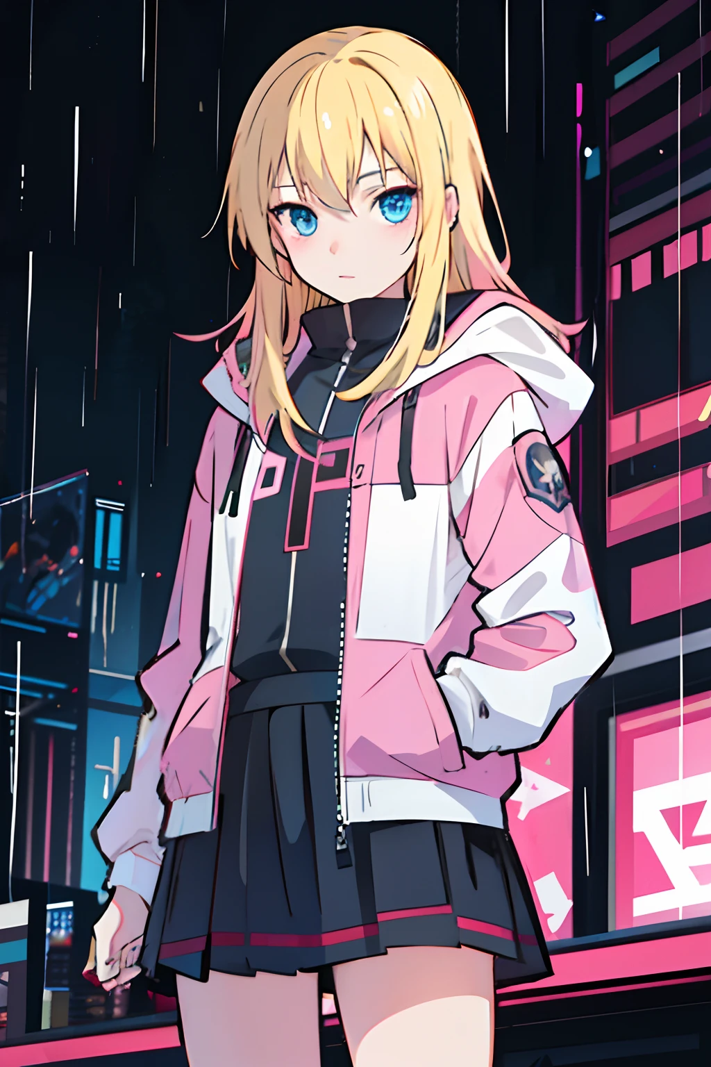 solo, 1girl, (masterpiece), ((16 year old appearance)), Blonde hair, long hair, blue eyes anime girl, black and pink jacket, Black skirt, cyberpunk city, rain