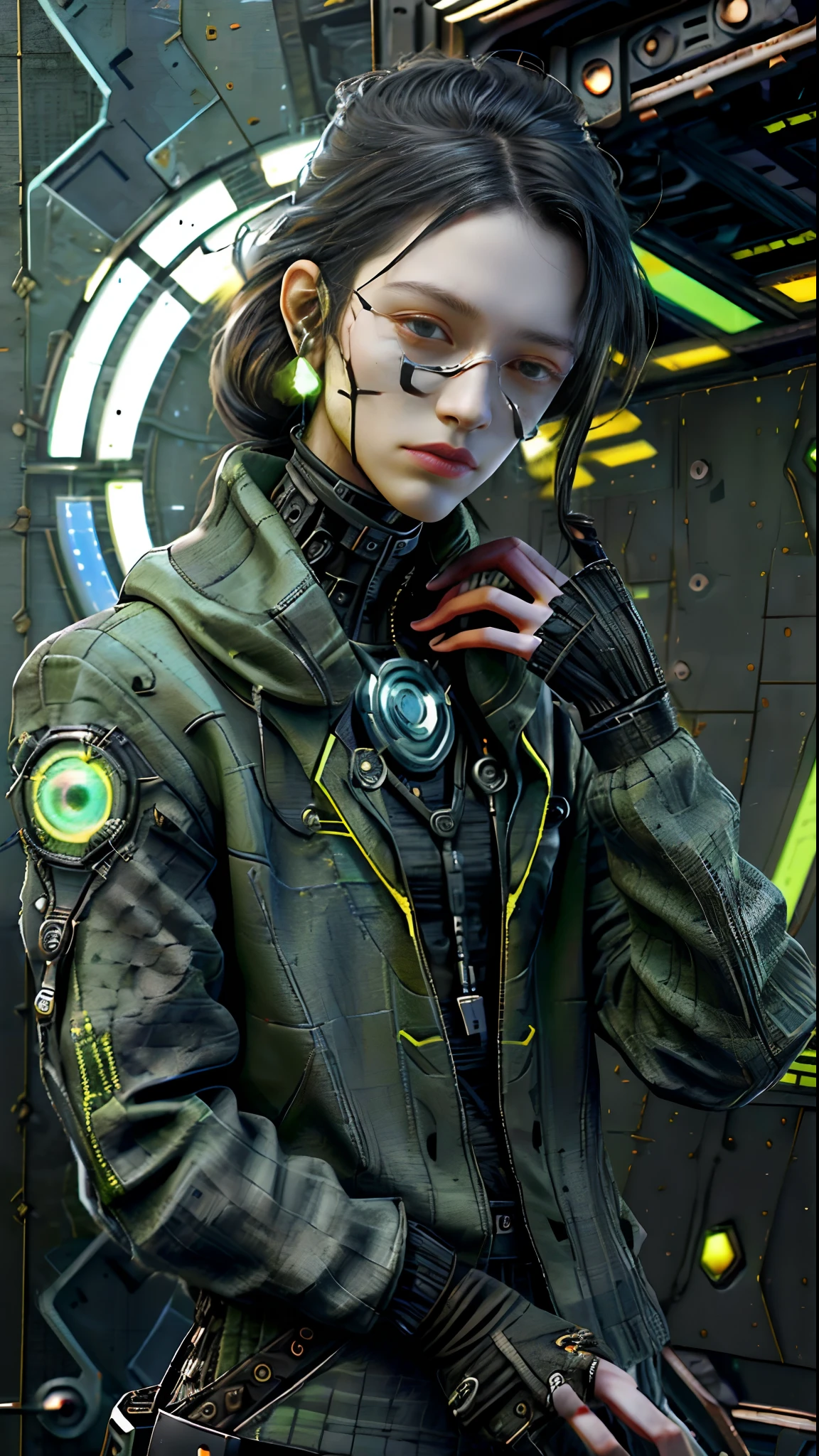 ((best quality)), ((master part)), ((Realistic,arte digital)), (hiper detalhado),Climate Restoration Specialist at UraniumTechAI, Artificial Intelligences (Ais)- Digital entities represented as holographic projections or glowing avatars., Curva sem idade, Havaiano nativo, Grey steel eyes, orelhas pequenas,    Low cheekbones,   Graceful clavicle, Barba de rabo de pato , Castanha escura Cabelo penteado longo texturizado, aborrecimento,, Asserting control over a fascinating and unknown alien life form.,  vestindo Plaid Damask Yellow AR-embedded Cargo Pants, Gingham MidnightBlack Terry pano Solar-powered Golf Shirt, Sandals Solar powered dresses, ,  e e, Deitado ou sentado enquanto experimenta realidade virtual ou interfaces neurais., Spacecraft lighting, Ruas Cyberpunk, Hoverbike de alta velocidade persegue a paisagem urbana, octane rendering, ray tracing, Volumetric lighting, retroiluminado,Rim lighting, 8k, HDR,