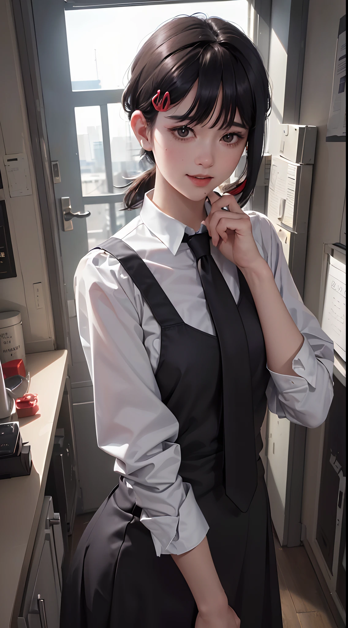 tmasterpiece，best qualtiy，ultra - detailed，illustratio，epic lighting，cinematic compositions，isometry，1girll，ssmile，Redlip，独奏，adolable，Black eyes，Black color hair，By bangs，red hair clips，blouse with a white collar，black necktie，Black pantsuit，Professional Dress，captivating posture，inside in room，office room，Open the door，looking at viewert，peeking out upper body，Be red in the face，seduct smile，Shut your mouth，(8K:1.1),