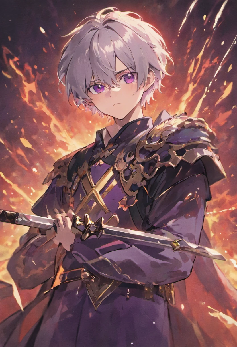 Describe a teenage boy with silver hair and red eyes. Wearing royal clothes and a typical black and purple sword