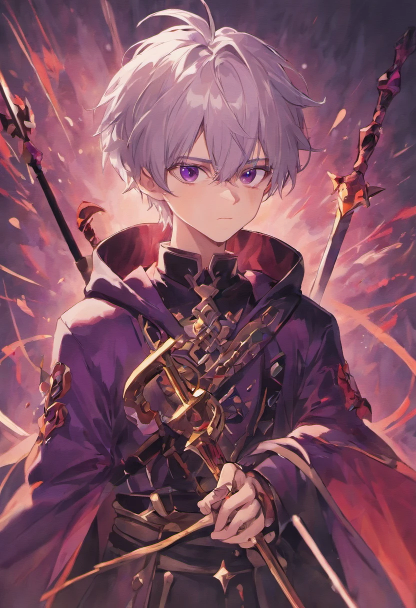 Describe a teenage boy with silver hair and red eyes. Wearing royal clothes and a typical black and purple sword