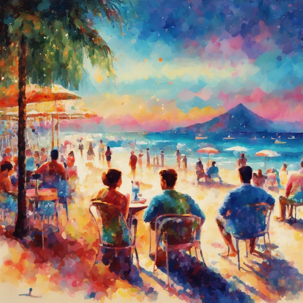 (best quality, masterpiece:1.2), soft focus, bright gradient watercolor, dreamy, white background, girl, cafes, Copacabana beach