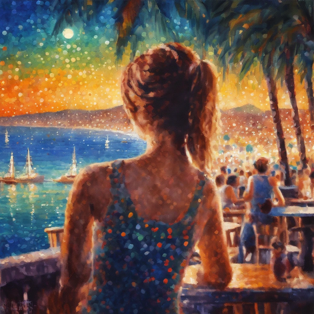 (best quality, masterpiece:1.2), soft focus, bright gradient watercolor, dreamy, white background, girl, cafes, Copacabana beach