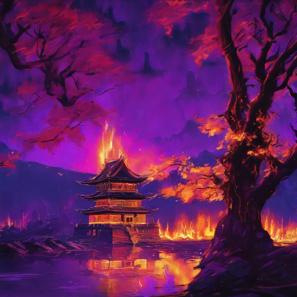 In heavy rain，（（A huge castle complex of ancient square-topped stones burning in the fire））The picture quality is excellent，Lightning，Yellow light fog，电影灯光，Natural, realistic colors，Full composition，The style refers to Van Gogh，Subject content，Burning wooden ancient domed stone giant castle game scene 1：60 miniatures，Lightning and lightning，Agate glass texture 32K（tmasterpiece，k hd，hyper HD，32K）Long flowing bright purple hair，Autumn Pond，zydink， a color， Asian people （Kizi）， （Red scarf）， Combat posture， looking at the ground， long whitr hair， Floating bright purple， Fire cloud pattern gold tiara， Chinese long-sleeved gold silk garment， （abstract ink splash：1.2）， white backgrounid，Lotus protector（realisticlying：1.4），Bright purple hair，Smoke on the road，The background is pure， A high resolution， the detail， RAW photogr， Sharp Re， Nikon D850 Film Stock Photo by Jefferies Lee 4 Kodak Portra 400 Camera F1.6 shots, Rich colors, ultra-realistic vivid textures, Dramatic lighting, Unreal Engine Art Station Trend, cinestir 800，Long flowing bright purple hair