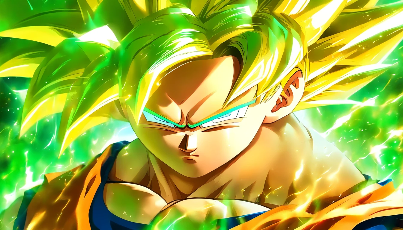 master part,UHD,circunstanciado,alta qualidade,1 menino, Filho Goku,Dragon Ball Z Anime, IG laranja, blonde hair,Super Saiyajin, olhos verdes