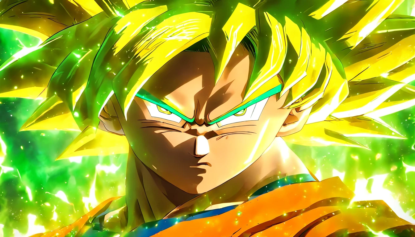 master part,UHD,circunstanciado,alta qualidade,1 menino, Filho Goku,Dragon Ball Z Anime, IG laranja, blonde hair,Super Saiyajin, olhos verdes