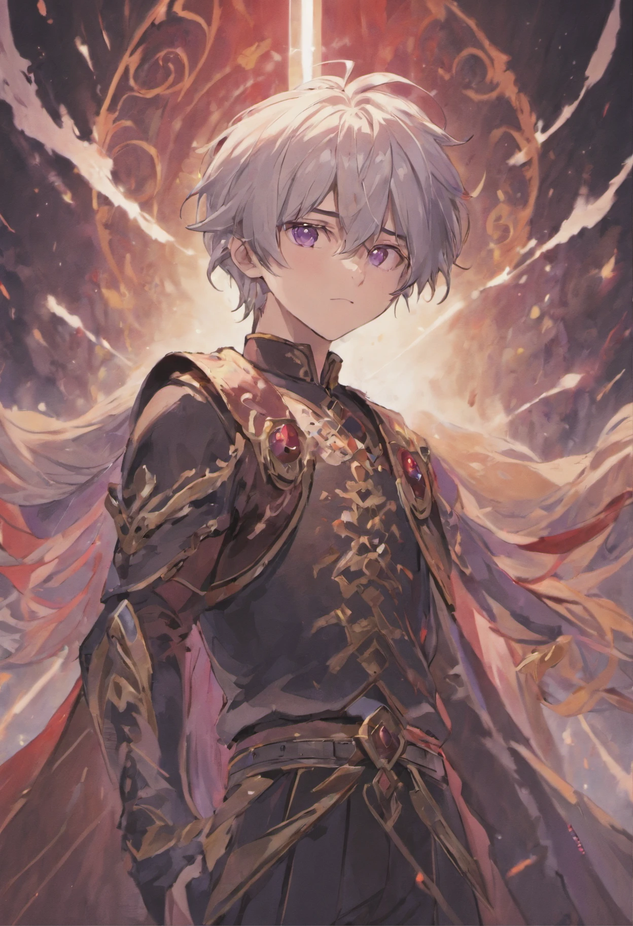 Describe a teenage boy with silver hair and red eyes. Wearing royal clothes and a typical black and purple sword