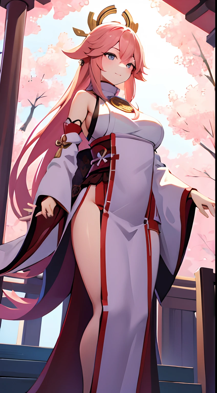 City, japanese style, medium breasts, tall girl, pink hair, wide sleeve,
